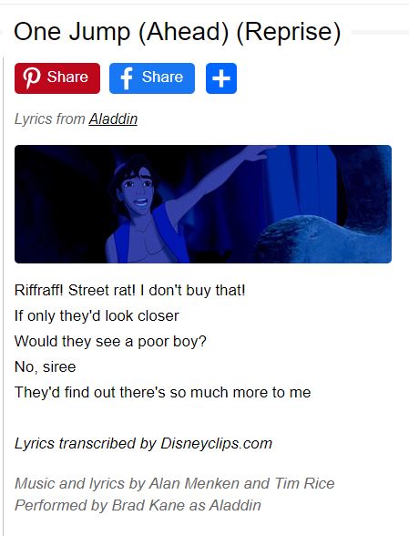 Example of Disney Clip's Lyrics Page